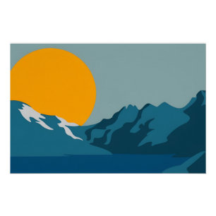Retro-Inspired Mountain Art – Red and Blue Scenic Poster