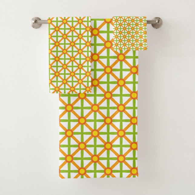 Retro Inspired Orange Green & Yellow Pattern Bath Towel Set (Insitu)