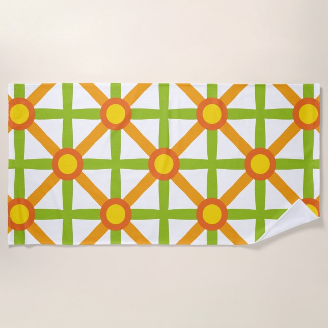 Retro Inspired Orange Green & Yellow Pattern Beach Towel (Front)