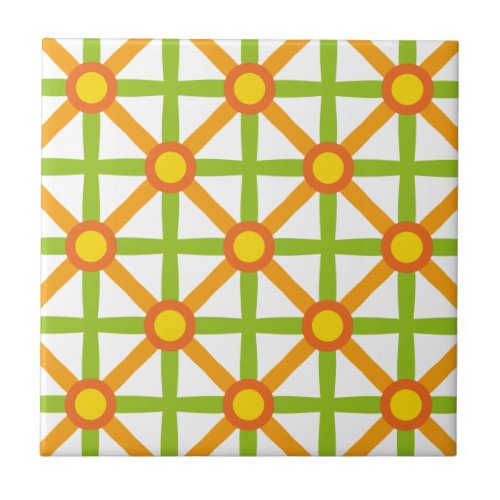 Retro Inspired Orange Green  Yellow Pattern Ceramic Tile