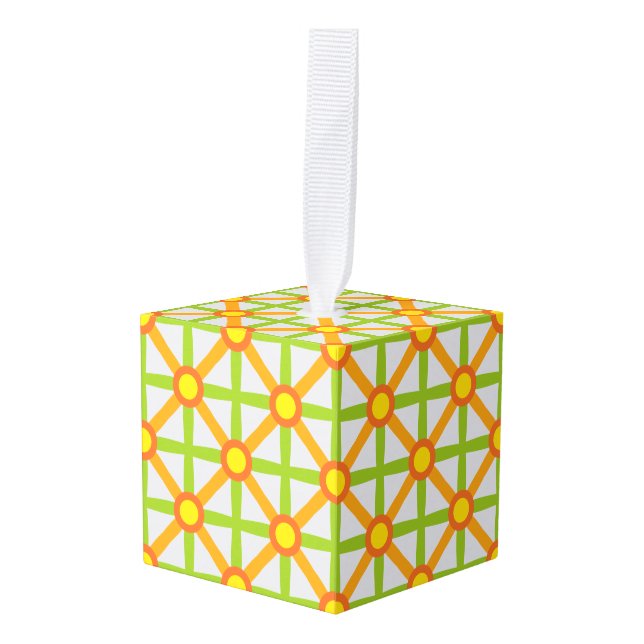 Retro Inspired Orange Green & Yellow Pattern Cube Ornament (Front Angled)