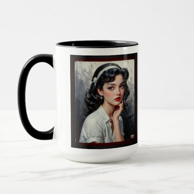 Retro Inspired Portrait of Thoughtful Young Woman Mug (Left)