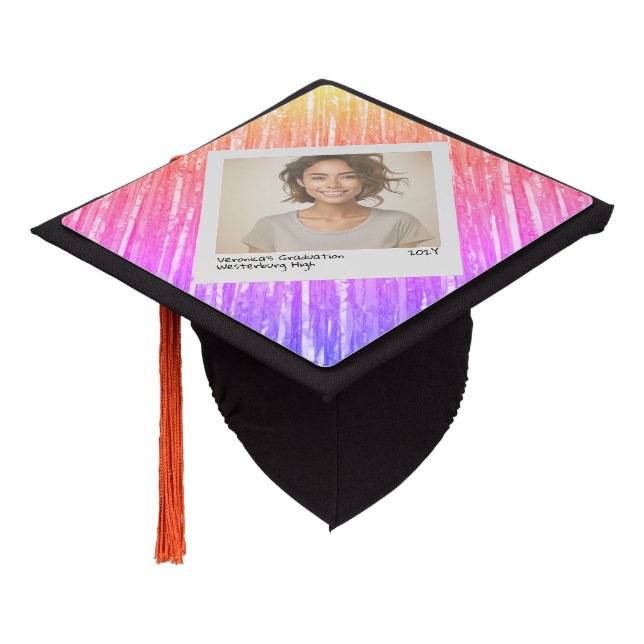 Retro Instant Camera Rainbow Tinsel Graduation Cap Topper (Angled)