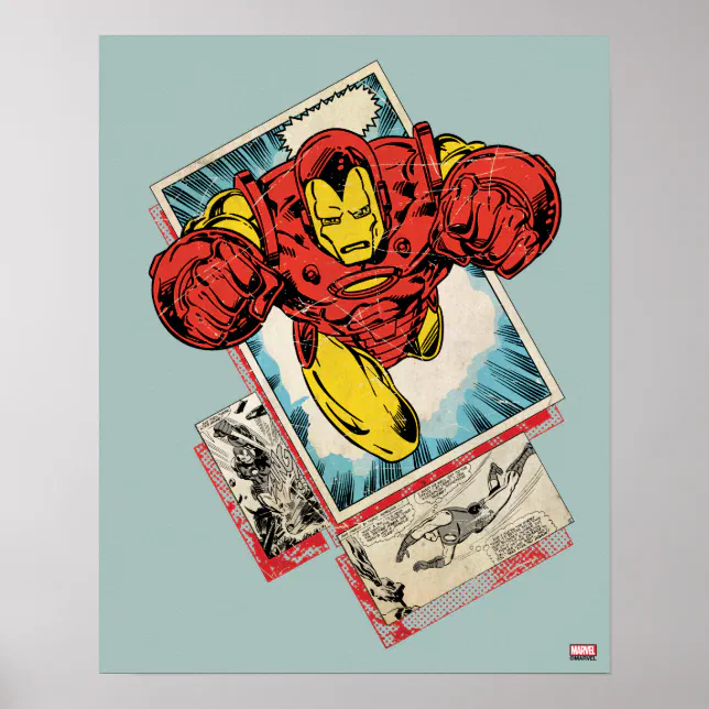 Retro Iron Man Flying Out Of Comic Poster | Zazzle