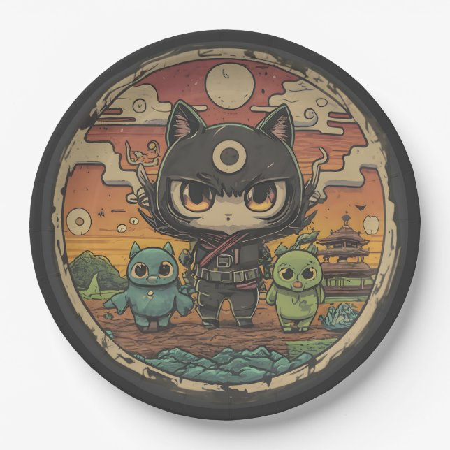 Retro Island Pals: Ninja Cat Crew Paper Plates (Front)