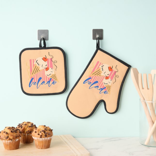 Retro Italian Ice Cream Cones Oven Mitt & Pot Holder Set (Insitu(Hanging))