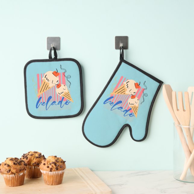 Retro Italian Ice Cream Cones Oven Mitt & Pot Holder Set (Insitu(Hanging))