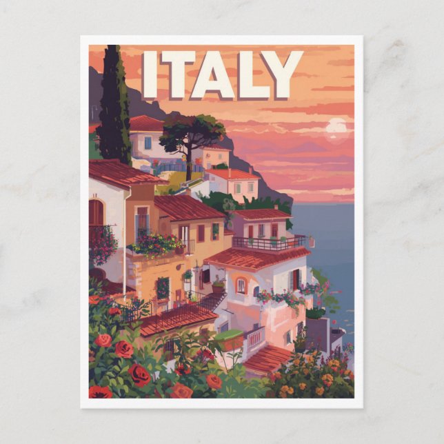 Retro Italian Riviera Seaside Villa and Ocean Postcard (Front)