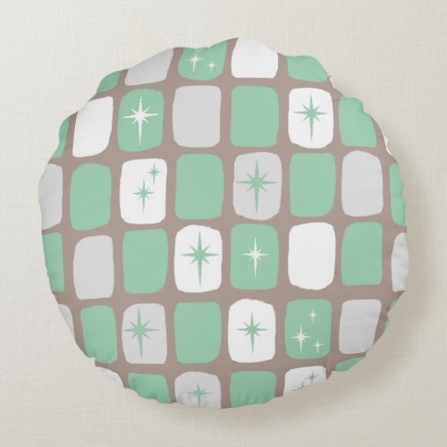 Retro Jade Starbursts Round Pillow