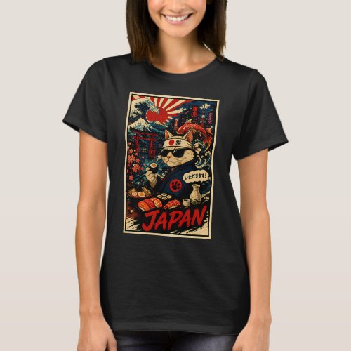 Retro Japan Cat Sushi Poster with Ukiyo Inspired S T-Shirt