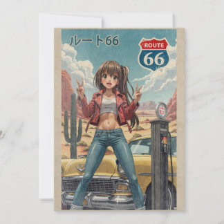 Retro Japanese Anime Girl on Route 66 Vintage Post Thank You Card