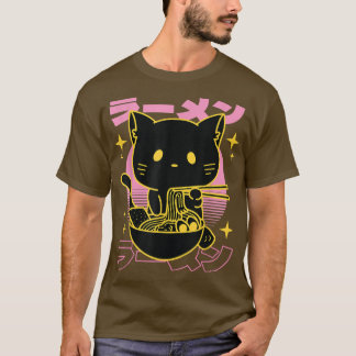 Retro Japanese Cat Art Eating Ramen Kanji - But Fi T-Shirt