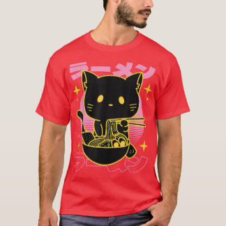 Retro Japanese cat art eating Ramen Kanji - But Fi T-Shirt
