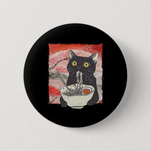 Retro Japanese Cat Eating Ramen Funny Noodles  Button