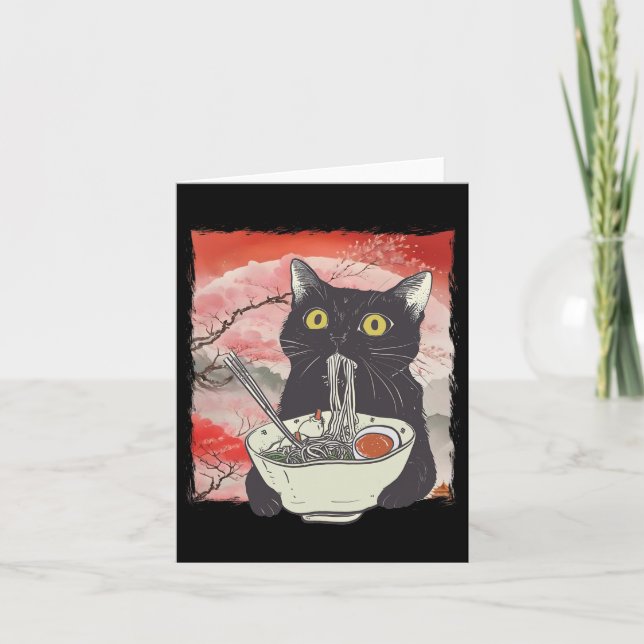 Retro Japanese Cat Eating Ramen Funny Noodles  Card (Front)