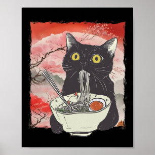 Retro Japanese Cat Eating Ramen Funny Noodles  Poster