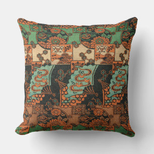 Retro Japanese Chrysanthemum & Wave Motif Outdoor Pillow