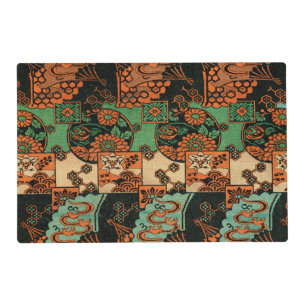 Retro Japanese Chrysanthemum & Wave Motif Placemat