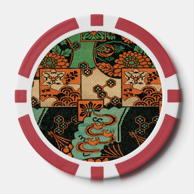 Retro Japanese Chrysanthemum & Wave Motif Poker Chips (Front)