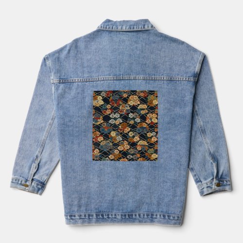 Retro Japanese Flower Woodblock Abstract Floral Pa Denim Jacket