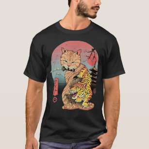 Retro Japanese Samurai Ninja Cat Kawaii Tattoo Cat T-Shirt
