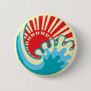Retro Japanese Sun Wave Ocean Vintage Style Button