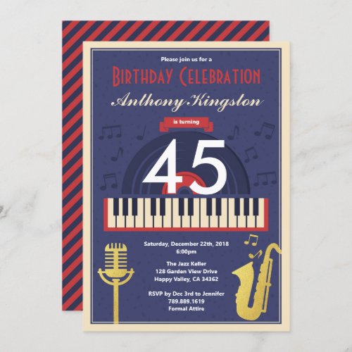 Retro jazz music birthday party adult man invitation