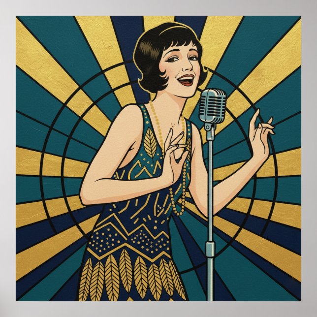 Retro Jazz Singer Poster Blue and Gold Vintage (Front)