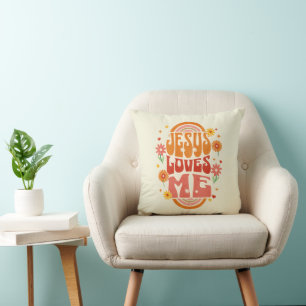 Retro “Jesus Loves Me” Christian Art – Groovy Fait Throw Pillow