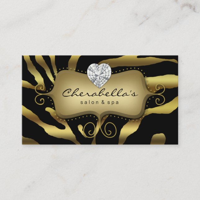 Retro Jewelry Salon Spa Business Card Zebra Gold (Front)