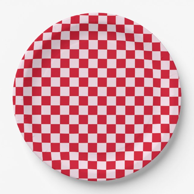 Retro Jingle And Mingle Christmas Checkerboard Red Paper Plates (Front)
