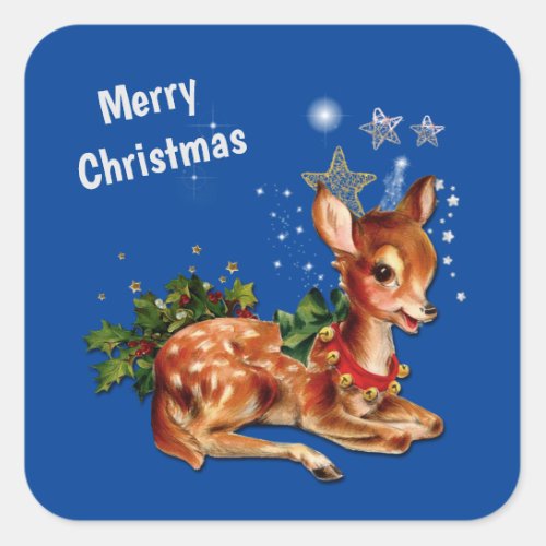 Retro Jingle Bell Deer and Stars Christmas Square Sticker