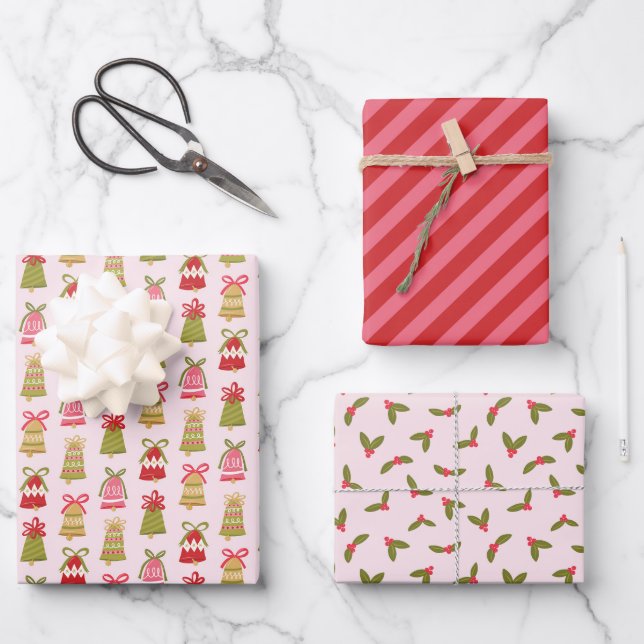 Retro Jingle Bells Christmas Wrapping Paper Set (Front)