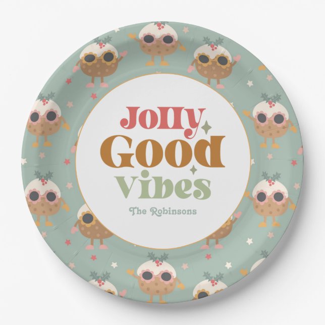 Retro "Jolly Good Vibes" Christmas Party Paper Plates (Front)