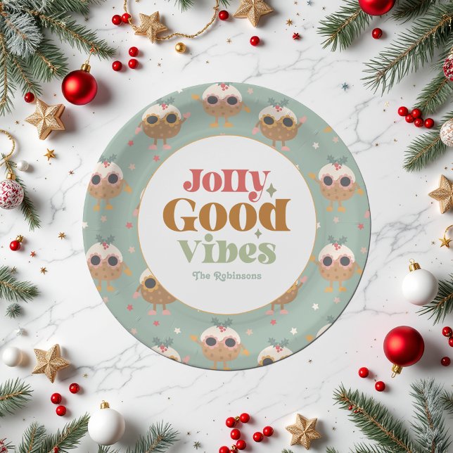 Retro "Jolly Good Vibes" Christmas Party Paper Plates (Retro "Jolly Good Vibes" Christmas Party Paper Plates)