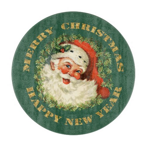 Retro Jolly Old Santa and Wreath Christmas Cutting Board