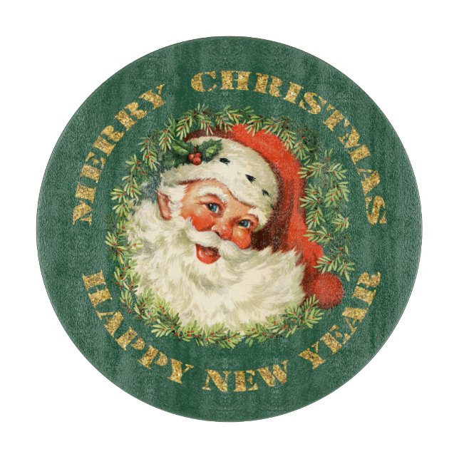 Retro Jolly Old Santa and Wreath Christmas Cutting Board (Front)