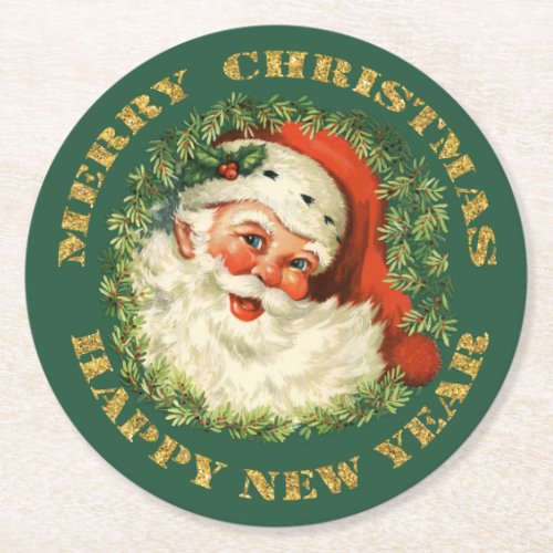 Retro Jolly Old Santa and Wreath Round Paper Coaster