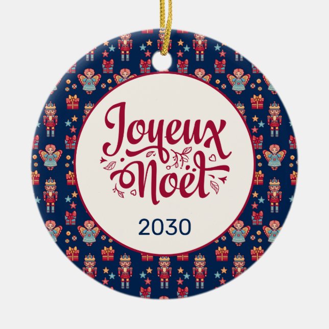 Retro Joyeux Noel Ceramic Ornament (Front)