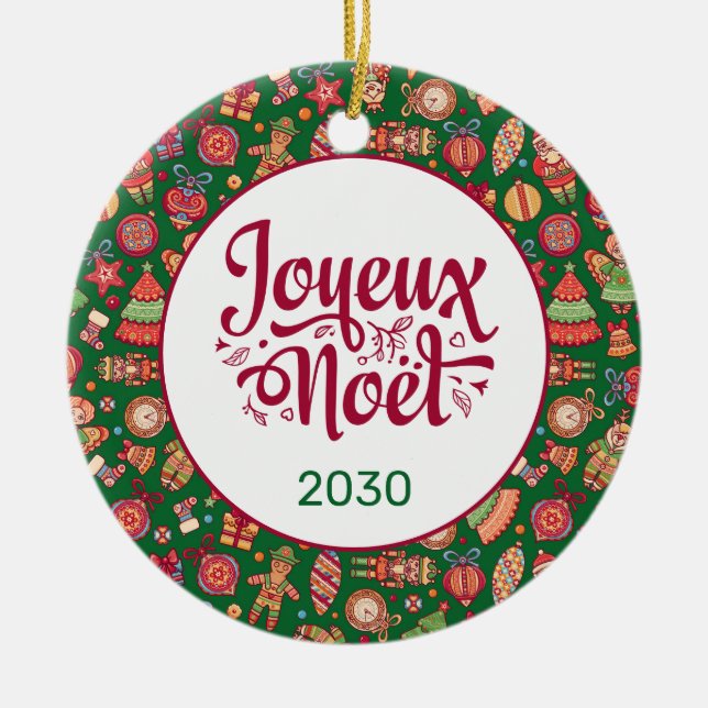 Retro Joyeux Noel Personalized Ceramic Ornament (Front)