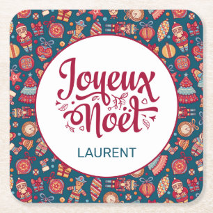 Retro Joyeux Noel Personalized Square Paper Coaster