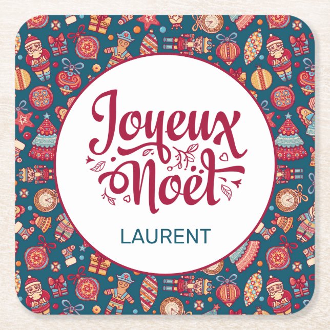 Retro Joyeux Noel Personalized Square Paper Coaster (Front)