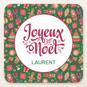 Retro Joyeux Noel Personalized Square Paper Coaster