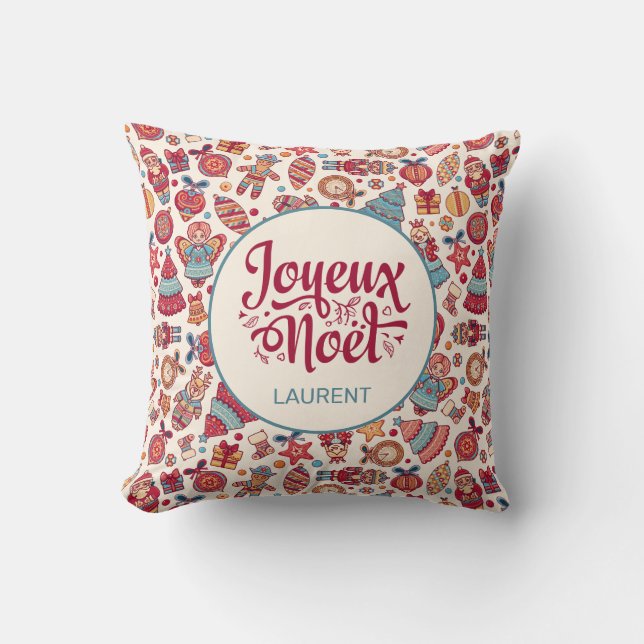 Retro Joyeux Noel Personalized Throw Pillow (Front)