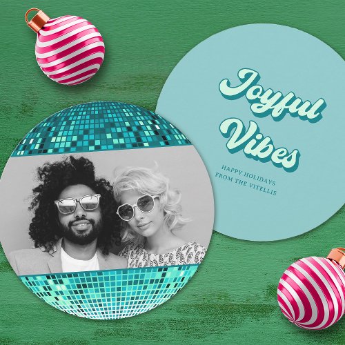 Retro Joyful Vibes Disco Ball Christmas Photo Holiday Card