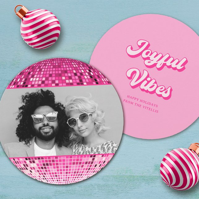 Retro Joyful Vibes Disco Ball Christmas Photo Holiday Card (Creator Uploaded)