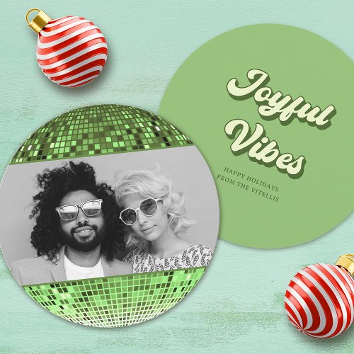 Retro Joyful Vibes Disco Ball Christmas Photo Holiday Card