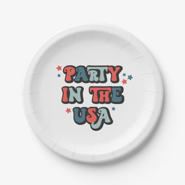 Retro July 4th Birthday Party in the USA Paper Pla Plates (Front)
