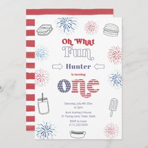 Retro July 4th Fireworks 1st Birthday Party Invitation