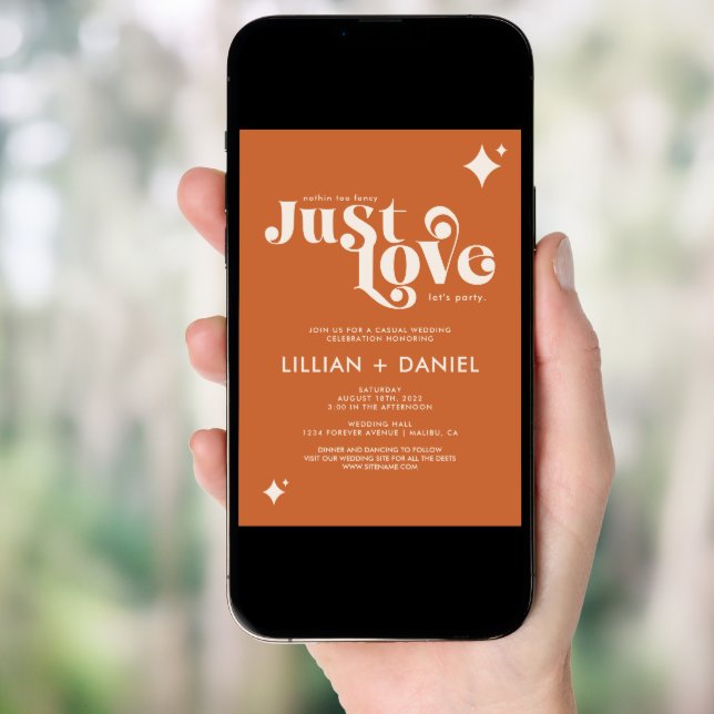 Retro Just Love Orange and Cream Casual Wedding Invitation (Front Digital)